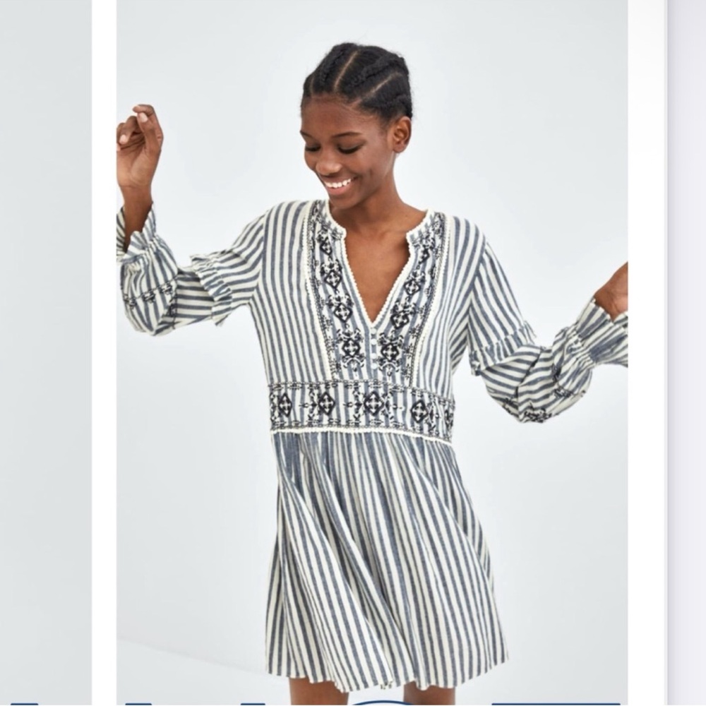 Zara Striped Embroidered V-Neck Mini Dress